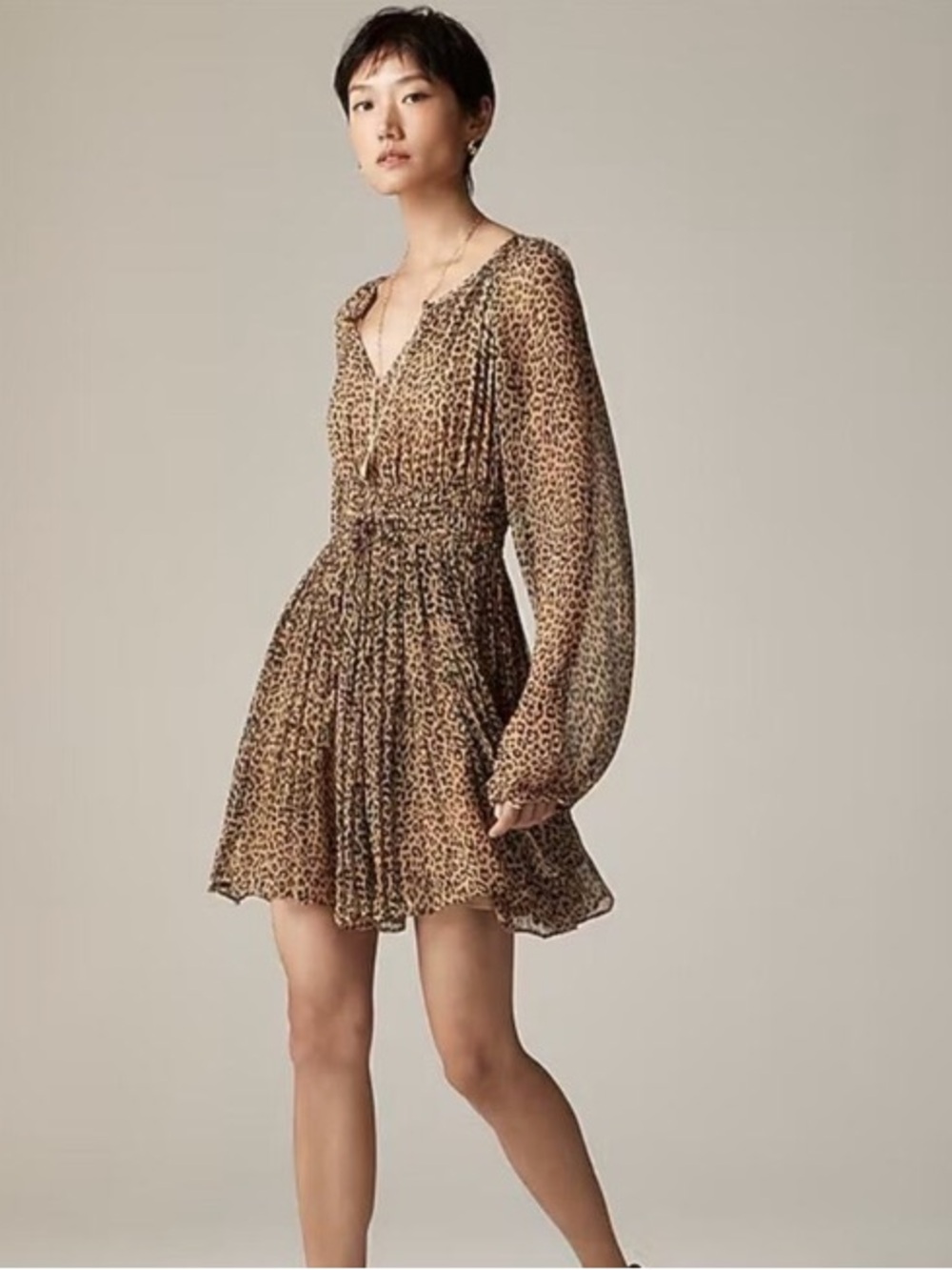 J. Crew Elena long-sleeve mini‎ dress in leopard crinkle chiffon XL NWT